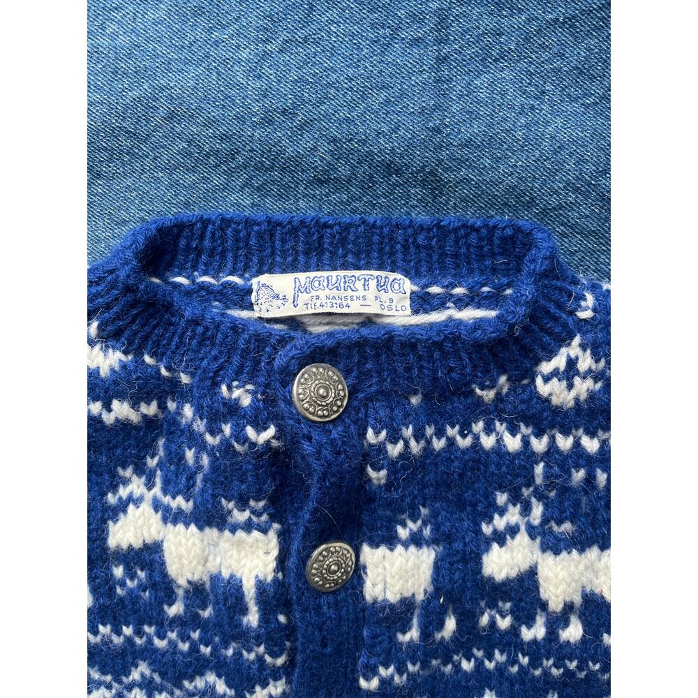 Vintage Child's Maurtua Blue and White 100% Wool Sweater Cardigan - Picture 4 of 5